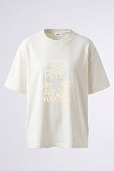 Anetos Tricou oversize alb din bumbac cu imprimeu pe spate Pura Vida Palm Design