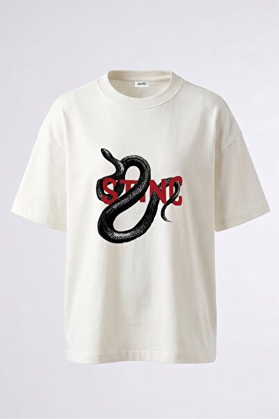 Anetos Snake Sting Design Back Printed Cotton White Oversize T-Shirt