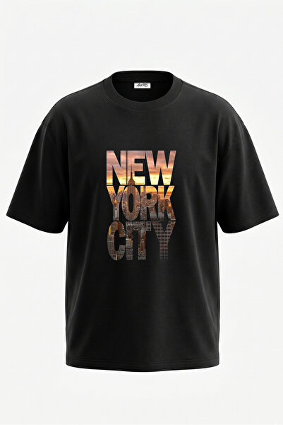 Anetos New York City_1 Dizajnirana pamučna crna oversize majica sa štampanom ...
