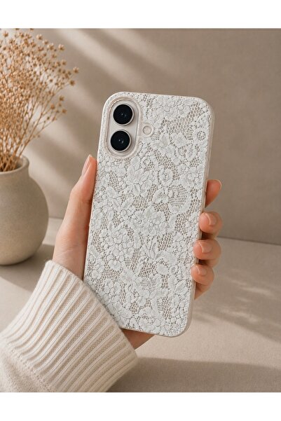 OVADA İphone 17 Uyumlu Beyaz Dantel Desenli Silikon Telefon Kılıfı