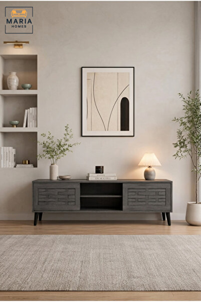 MARIA HOMES Modern Dark Wood TV Unit with Storage Shelves – Contemporary Ente...