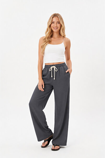Quanlex Pantaloni de trening de damă, culoare afumată, muselină, palazzo, cu ...