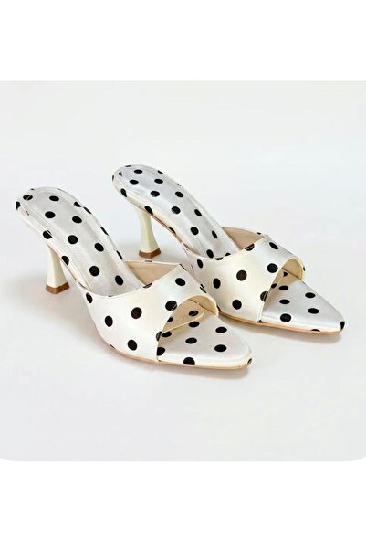 yıldızpark White Polka Dot Satin Women's Heeled Slippers