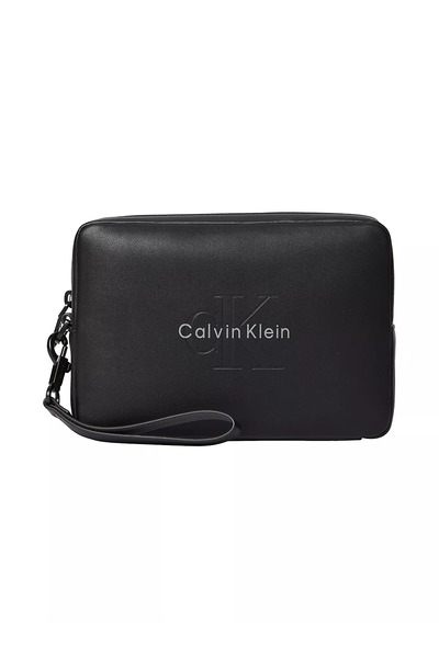 Calvin Klein Erkek Fermuar Kapama Deri CK Desen İç Bölme Siyah Cüzdan