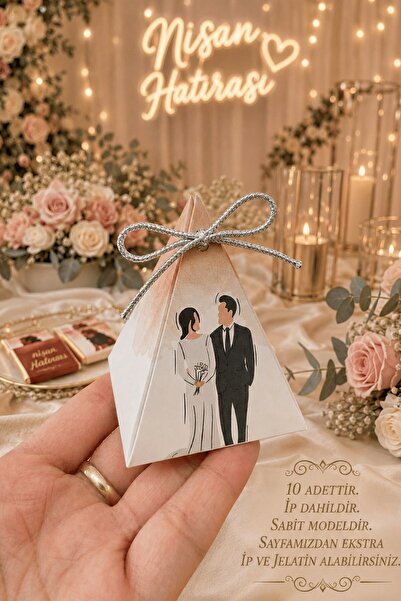 Emtory Home 10 Adet Gümüş İpli Wedding Piramit Kutu - Kına Hediye Kutusu - Kı...