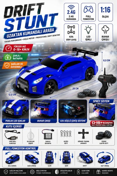 cayenna Uzaktan Kumandalı 2.4G Şarjlı 1:16 4x4 Drift Stunt Araba Işıklı Buhar...