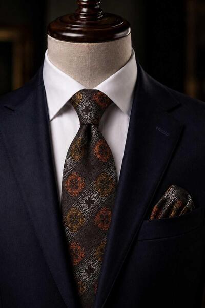 Kravatkolik Coffee Orange Motif Pattern Classic Tie with Handkerchief Kk13724
