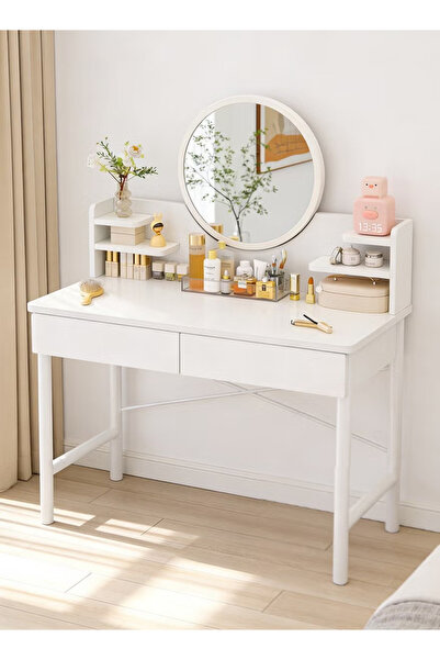 GGEROU Makeup Vanity Table Makeup Vanity Desk With Round Mirror Makeup Desk W...