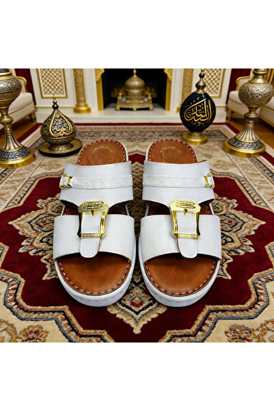 Saudi Step صندل رجالي إيطالي فريد مصمم يدويًا بحزام ذهبي مزدوج، نعل تدليك 5 س...