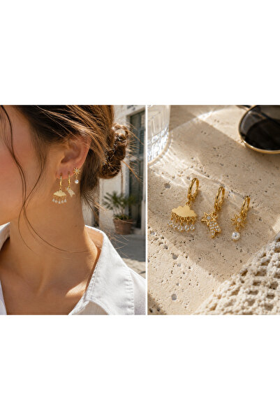 ADELYA CONCEPT 3-Piece Minimal Stone Gold Earrings for Women