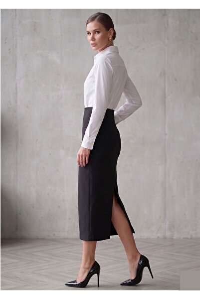 WAYS Women's Black Diver Regular Waist Black Midi Skirt with Back Slit