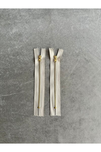 e tuhafiye 2 Adet Bej Rengi-Altın Dişli-Dipli Kısa Metal Fermuar (16 Cm)