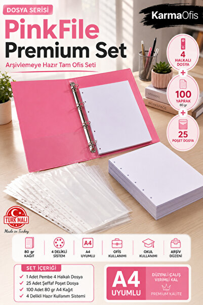 KarmaOfis Pembe 4 Halkalı Dosya Seti A4 – 25 Adet Poşet Dosya + 100 Adet 4 De...