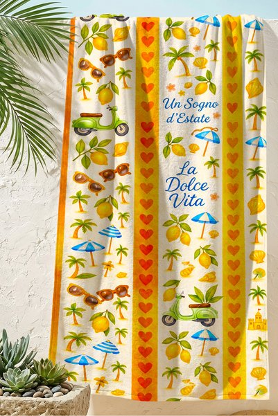 Evimde Bambaşka Lemon Tropical Marine Beach Towel-Mediterranean Italian Summer Themed Yellow Quick Drying Microfiber Towel