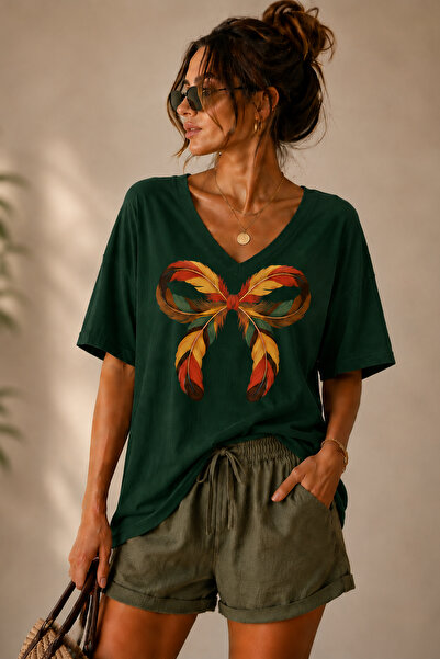 ArtYus Tricou oversize unisex cu decolteu în V și imprimeu cu fundă, din bumb...
