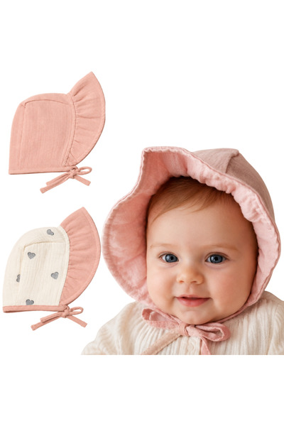 Kidizi Set 2 caciulite tip boneta pentru bebe din muselina cu volanase Elira ...