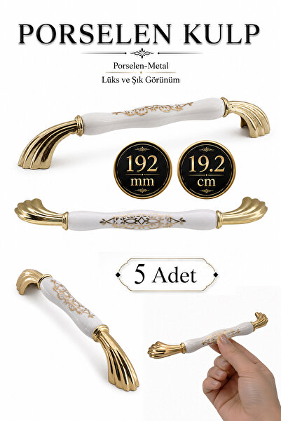 Badem10 (5 Adet) Abanda Porselen Beyaz Gold 192 mm 19.2 cm Mobilya Çekmece Do...