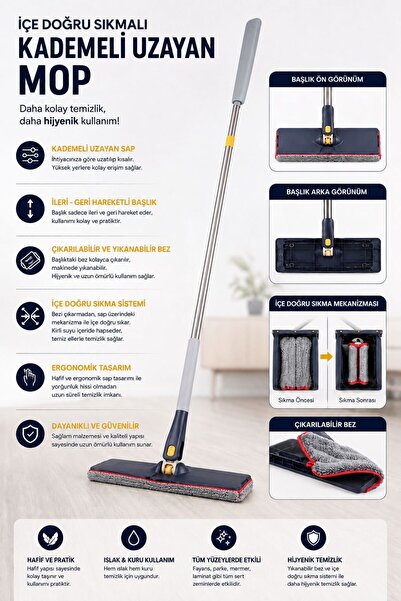 Single İçe Doğru Sıkmalı Kademeli Uzayan Mop