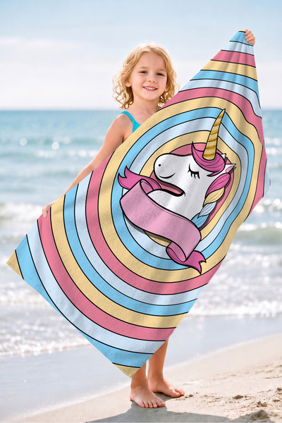 Evimde Bambaşka Unicorn Gökkuşağı Kız Çocuk Plaj Havlusu-Pastel Modern Seviml...