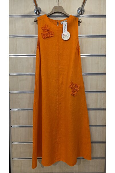 Park Moda Italian Linen Dress with Zero Sleeves and Floral Appliques