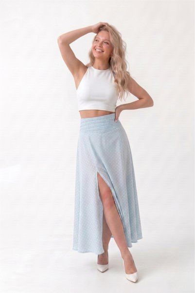 Auragul Polka Dot Midi Skirt with Ruffle Detail and Slit