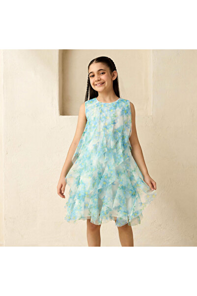 Juniors Round Neck Sleeveless Ruffle Dress with Floral Print