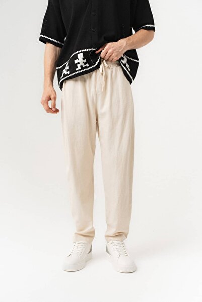 go gang own Sandro Elastic Waist Pleated Linen Fabric Trousers with Lace Detail