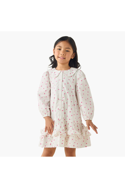 Juniors Peter Pan Collar Long Sleeves Drop Waist Dress with Ruffle Design