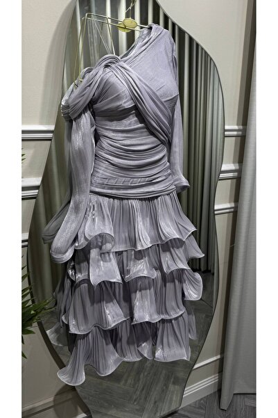 Jood Shiny Crinkle Dress with Layered Ruffles and Bust Detailing