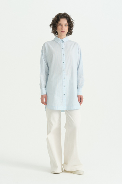 Nihan Striped Cotton Tunic with Embroidered Sleeves - Aqua