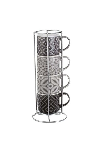 OEM Set Cești Cafea New Bone 100 ml cu Suport Metalic, Gri Elegant