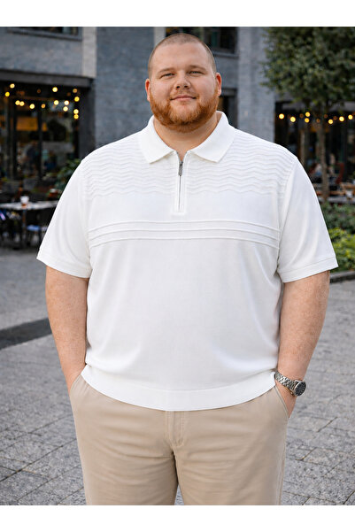 Maccali Men's Plus Size Striped White Polo Collar Knitwear T-Shirt