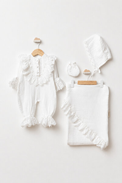 Pugi Baby Muslin Lace Detailed Baby Girl Jumpsuit Hat Blanket Set