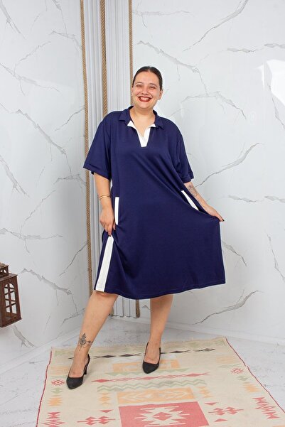 Truva XXL Plus Size Polo Neck Navy Blue Modal Cotton Combed Cotton Dress