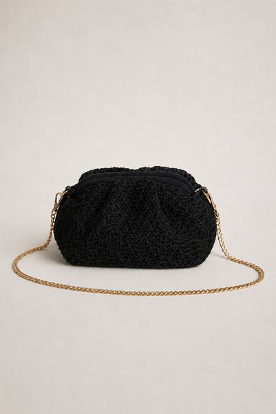 The Voguemaxima Black Knitted Straw Look Zippered Lined Chain Strap Women's S...