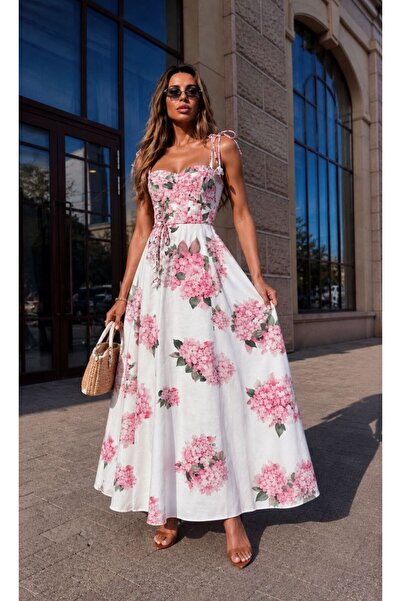 S&A Collectionn Women's Shoulder Tie Belted Lined Floral Maxi Long Linen Dress