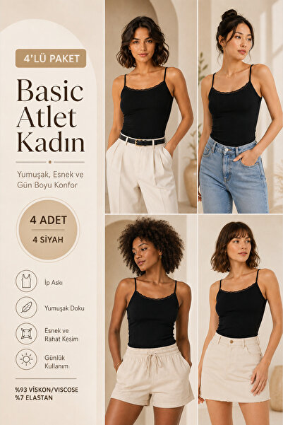 Loule Women's Viscose 4-Piece Undershirt with Rope Straps & Lace Detail
