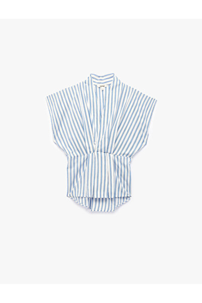 Koton Cotton Waist-Slit Sleeveless Double-Breasted Poplin Striped Blouse