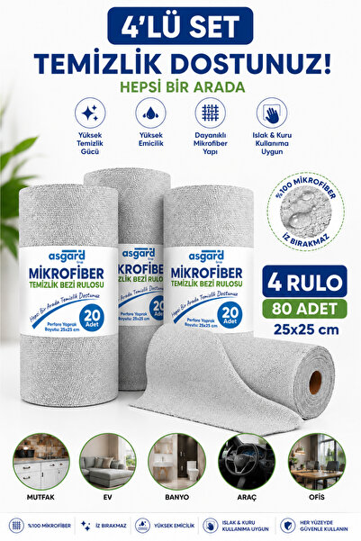 Asgard Grup 4 Adet 20'li Rulo Gri Renk Mikrofiber Temizlik Bezi 25x25 cm Leke...