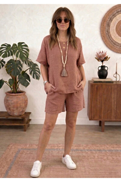 Little Visqon Women's Linen Shorts Set Comfortable Cut Oversize Top and Botto...