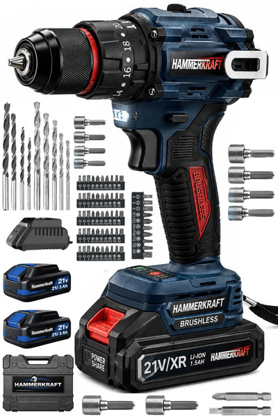 HAMMERKRAFT PROFOSYONEL 21V3AH KÖMÜRSÜZ MOTOR DARBELİ ÇİFT BATARYA 84PARÇA UÇ...