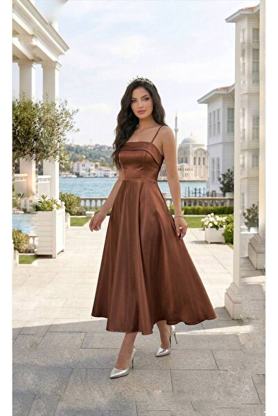 Gülcan Luxury Askılı parlak tafta kumaş midi abiye