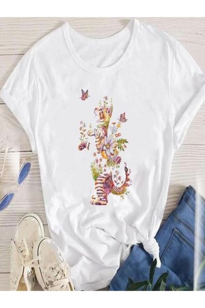 vorena Flower and Cat Pattern Women's T-Shirt
