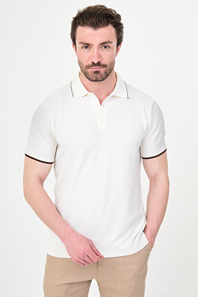 Mcr Patterned Slim Fit Polo Collar Buttoned Men's Knitwear T-Shirt Ecru-Brown...