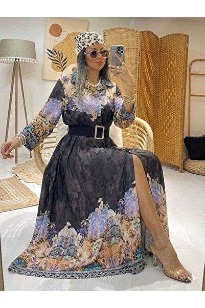 QUAWEAR Shirt Collar Buckle Belted Patterned Lilyum Fabric Full Length Dress