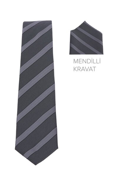 Tudors Men's premium woven grey striped necktie with handkerchief