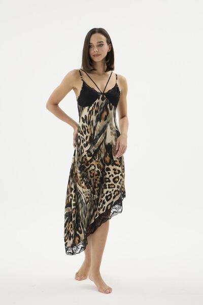 Sevim Women's Thin Strap Lace Detailed Asymmetrical Cut Leopard Long Nightgow...