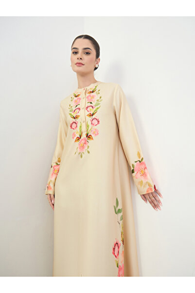 Amirah By Styli Off-White Floral Print Jalabiya