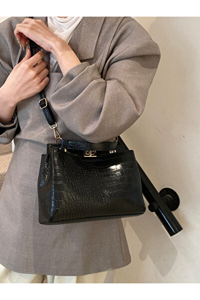 Take Two By Styli Black Croc-Embossed Top Handle Handbag
