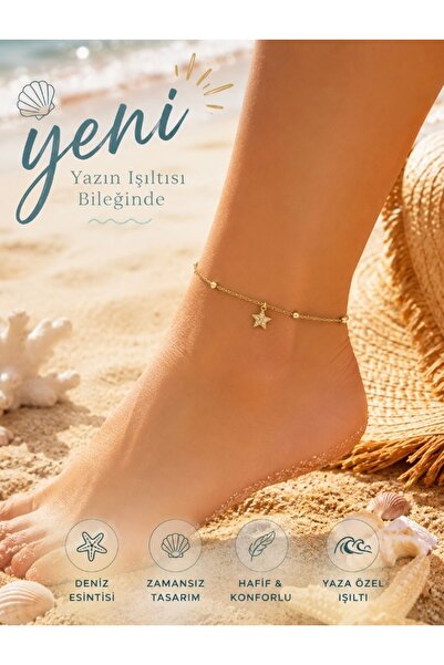 SARIASLAN Top Zincirli Yıldız Gümüş Halhal 925 Ayar Gümüş Gold Renk